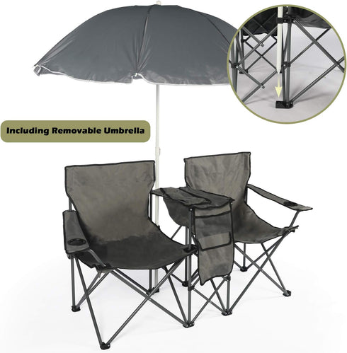 ROHUMTY YILI Double Folding Camping Chairs, Portable Camping Chairs w/Removable Umbrella Mini Table Cooler Bag, Outdoor
