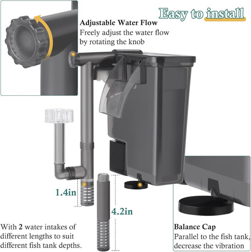 5W Hang on Aquarium Filter, Ultra Quiet 124 GPH with Filter Sponge and Activated Carbon for 4-20 Gallon