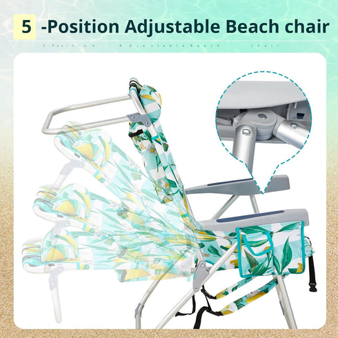 Pinikuyiro Backpack 5 Folding Tall Beach Chair with Positions, Towel bar, Storage Pouch, Cup Holder,Folding Beach