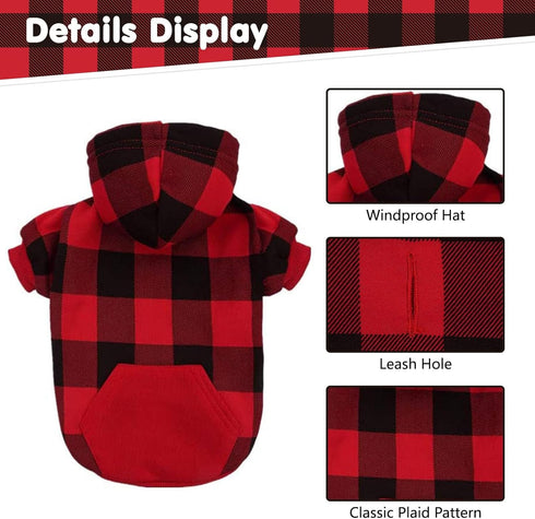 KOOLTAIL Plaid Dog Hoodie Pet Clothes Sweater with Hat and Pocket for Small to Large Dogs, Red XXL