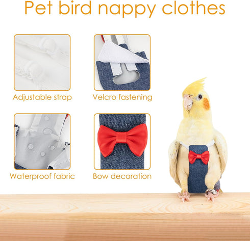 CAIRIAC (1PCS, Parrot Clothes - Diaper Bird Flight Suit with Adjustable Straps and Training Rope Denim Blue, XL-Code)