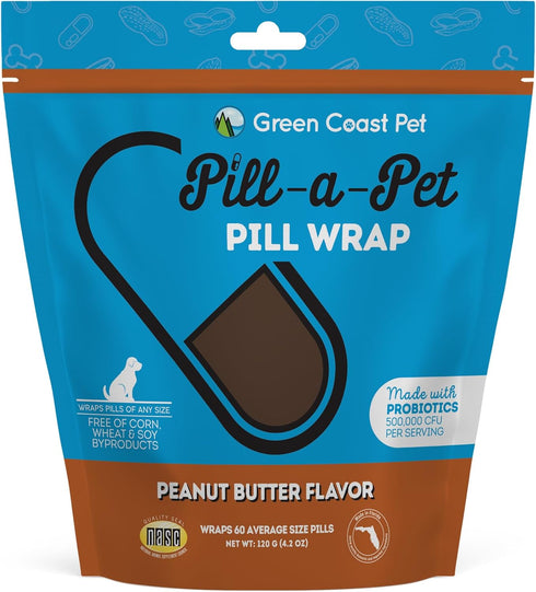 Pill-a-Pet Pill Wrap for Dogs, Peanut Butter Flavor, Made in USA, Probiotics, 60 Wraps