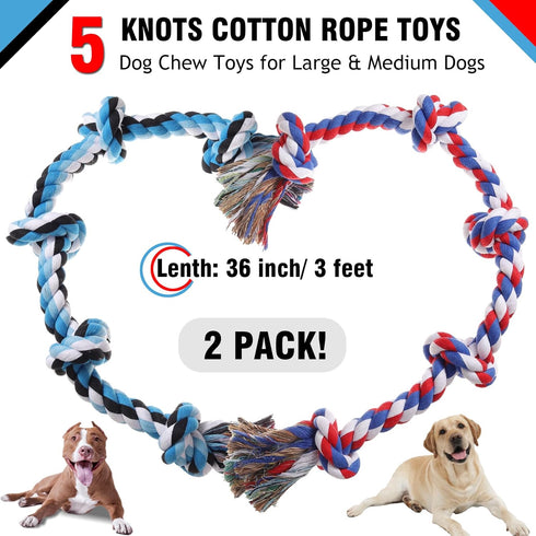 Dog Rope Toys for Large Dogs - Heavy Duty Indestructible Chew Toy, 3 Feet 5 Knots for Tug of War and Teeth Cleaning