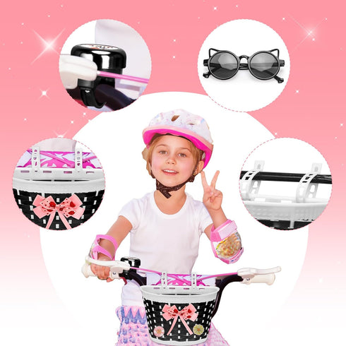 Kids Bike Basket for Girls and Boys, Bicycle Basket with Bell, Stickers, Sunglasses, and Wheel Spokes Accessories