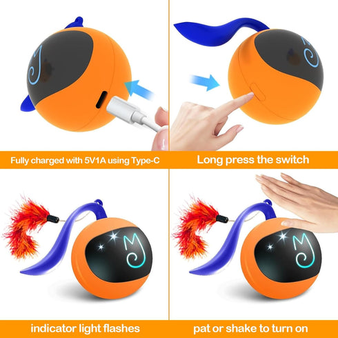 Migipaws Interactive Cat Ball Toy Set, Automatic Rolling Chase Ball with Fluffy Tail, Rechargeable (Orange)