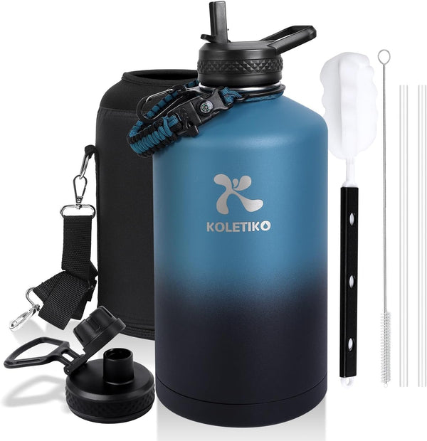 One Gallon Insulated Water Bottle, Vacuum Stainless Steel, 128 oz Leak Proof Large Jug with Paracord Handle