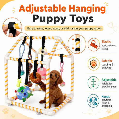 TAdgnba 8 Puppy Play Gym for Small Dogs, Dog Jungle Gym with Hanging Toys & Bungee Straps PVC Frame Indoor Jungle