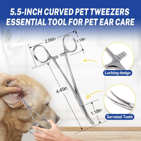 5.5" Dog Ear Hair Removal Kit with Powder & Curved Locking Forceps - Dog Ear Finger Wipes Gentle Ear Grooming Tool