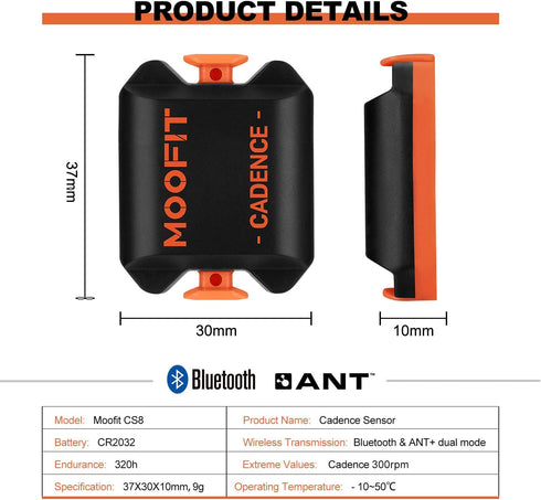 moofit Cadence Speed Sensor, Bluetooth & ANT+ Wireless RPM Cycling Sensor for Spin Bikes, IP67 Waterproof, Orange