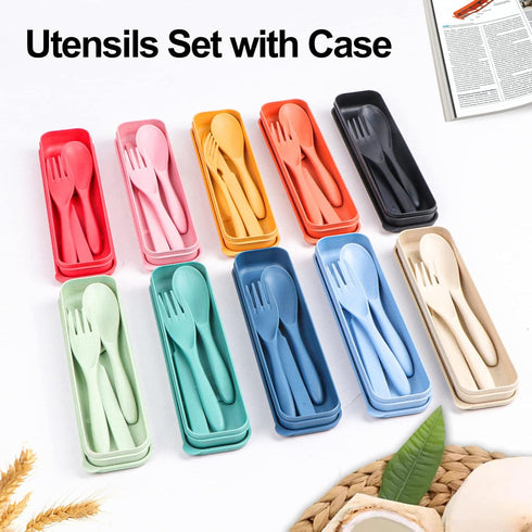 Reusable Travel Utensils Set with Case, 12 Sets Wheat Straw Portable Cutlery for Kids, Adults, Eco-Friendly