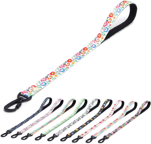 Short Traffic Dog Leash, Heavy Duty Floral Pattern Nylon Training Leash for Medium & Large Dogs (23inch, White)