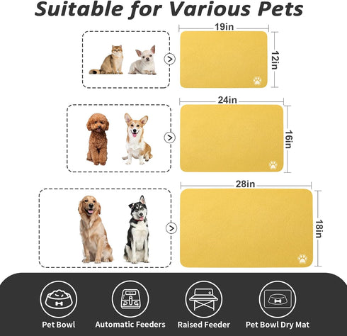 Yellow Pet Feeding Mat, 12"x 19" Absorbent Dog Mat for Food and Water, Easy to Clean for Messy Drinkers