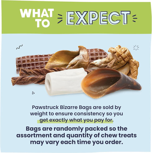 Pawstruck Bizarre Bargain Bag - Assorted Natural Dog Chew Treats - 1 lb - Animal Ears, Jerky, Bones, Hooves, Beef Straps