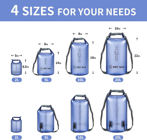 Waterproof Dry Bag with Roll Top, Transparent Storage Bag - 2L/5L/10L/20L for Traveling, Swimming, Kayaking