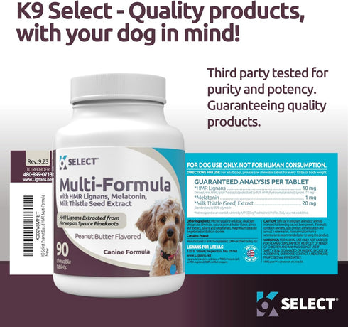 Multi-Formula Dog Supplement for Smaller Dogs - 10mg HMR Lignans, 1mg Melatonin, 20mg Milk Thistle - Helps Heart, Liver, Digestion, Skin & Coat Health, 90 Peanut Butter Chewable Tabs