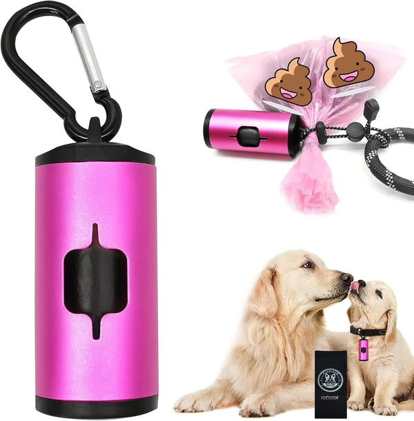 Aluminum Dog Poop Bags Holder with Carabiner, Metal Pet Waste Bags Dispenser with Hook and Loop Fastener, Elastic Cord