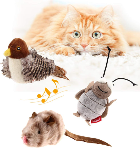 Gigwi Interactive Toy Set for Indoor Cats - 3PCS Plush Pack with Squeaky Feather, Mouse Hunt, Chase Bird, and Chirping