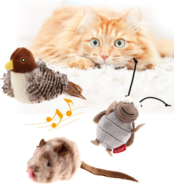 Gigwi Interactive Toy Set for Indoor Cats - 3PCS Plush Pack with Squeaky Feather, Mouse Hunt, Chase Bird, and Chirping