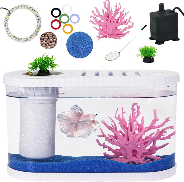 HSIFMATE 2.2Gal Aquarium Starter Kits, Small Beta Fish Tank Kit with Quiet Filter