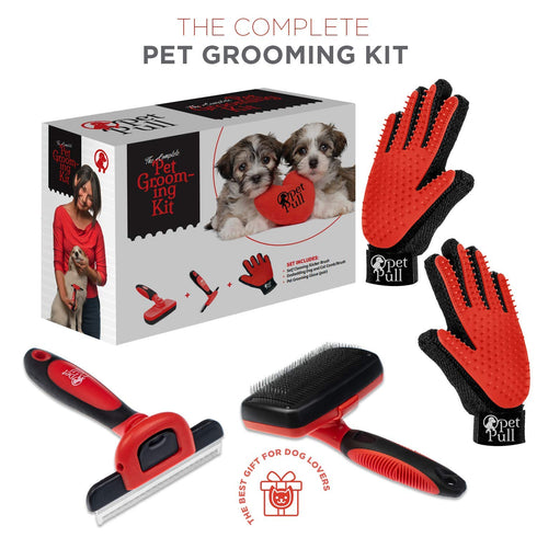 Complete Professional Pet Grooming Kit - Hair Removal Tool Brush Gloves, Self Cleaning Slicker Brush, Pro Grooming Comb
