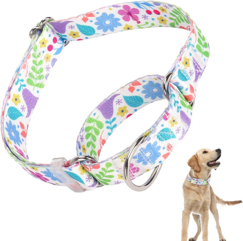 Martingale Collar for Dogs with Green Flowers Patterns, Adjustable Premium No Slip Collar for Training