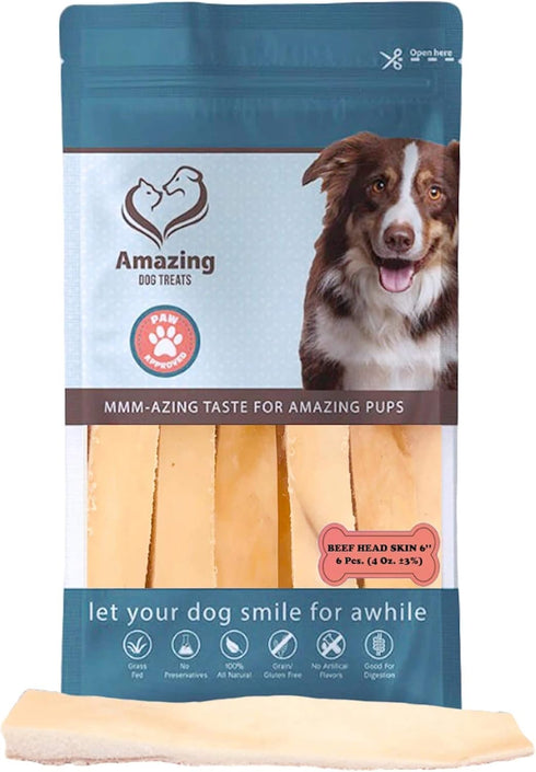 Amazing Dog Treats - Beef Cheek Strips Premium Dog Chew (6 Inch - 6 Pack) - Rawhide Alternative, No Odor