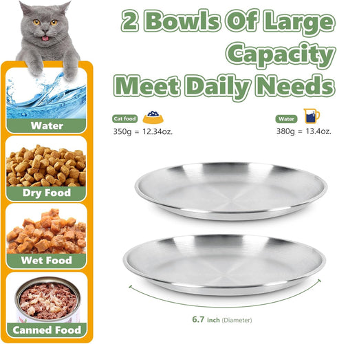 6 Wide Whisker Friendly Cat Dishes Set, 6.7" Stainless Steel Shallow Food Bowls for Indoor Kitten Feeding