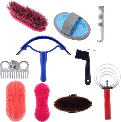 Spryflower 10Pcs Set, Set 5 Horse Grooming Care Kit, Equestrian Brush and Curry Comb Complete Horse Cleaning Tool