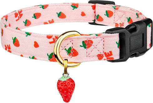 Cotton Handmade Dog Collar, Cute Pink Strawberries with Pendant for Small, Medium, and Large Dogs, Ideal for Girl and