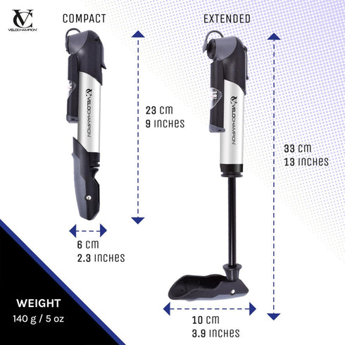 VeloChampion Alloy Mini Bike Pump - Portable, Compact, Durable for Presta, Schrader and Dunlop