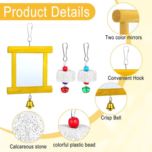 Lnngub 1pc 2pcs Chicken Toys - Hanging Bell Parrot Chicken Swing Mirror + Beak Grinding Stones for Enrichment, Perfect