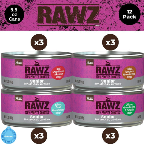 '-12 Pack Pack -4 (5.5 oz Rawz Natural Premium Pate Canned Wet Food for Senior Cats Cans Variety Flavor Bundle Flavors