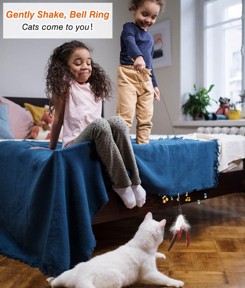 Pawaboo Feather Teaser Cat Toy, Interactive Wand with 34.5" Long Wand and Bell, Wine Red & White Feather