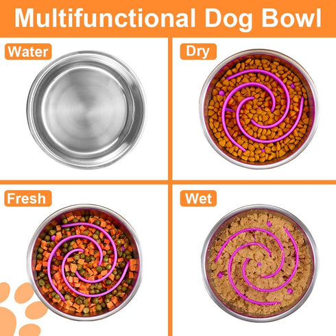 2-in-1 Metal Dog Bowl with Slow Feeder Insert, Stainless Steel Food Grade 304 Bowl with Anti-Slip Base for Small &