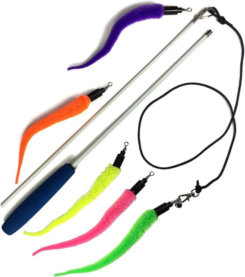 Pet Fit For Life Cat Wand Toy - 5-Piece Worm Teaser & Exerciser, Durable Flirt Pole for Feline Fitness