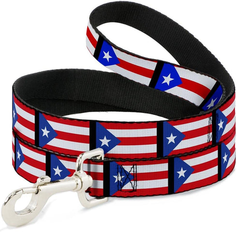 Puerto Rico Flag Repeat Dog Leash; Black, 4 Feet Long, 1.5 Inch Wide