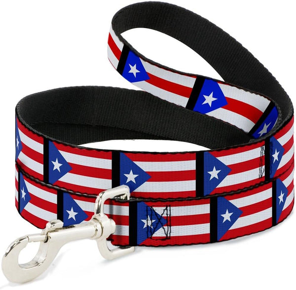 Puerto Rico Flag Repeat Dog Leash; Black, 4 Feet Long, 1.5 Inch Wide