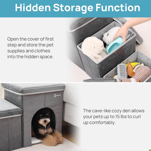 Foldable Pet Stairs for Beds & Sofas - Non-Slip Dog Steps with Storage for Small to Medium Dogs & Cats, 120 lbs Support