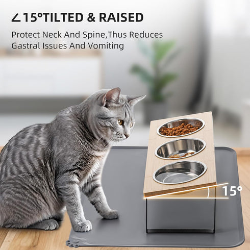 Upgraded Elevated Cat Bowls with Food Mat, 15° Tilted Stand Anti Vomiting Raised Dishes for Cats and Puppy