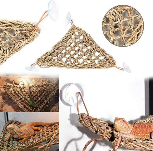 PINVNBY Hammock for Bearded Dragons, Reptile Habitat Lounger with Natural Seagrass Fibers, 4Pcs