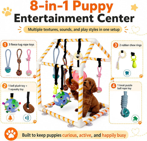 TAdgnba 8 Puppy Play Gym for Small Dogs, Dog Jungle Gym with Hanging Toys & Bungee Straps PVC Frame Indoor Jungle