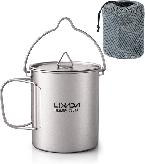 Lixada Ultralight Titanium Water Mug Cup with Lid and Foldable Handle, 750ml Pot for Outdoor Camping Cooking
