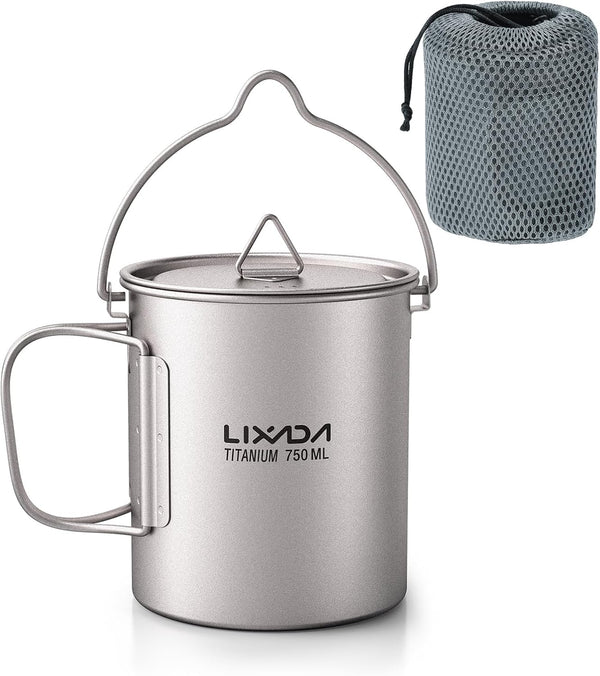 Lixada Ultralight Titanium Water Mug Cup with Lid and Foldable Handle, 750ml Pot for Outdoor Camping Cooking