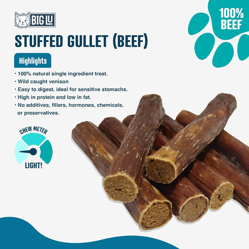 Big Lu Stuffed Gullet Dog Treats - Premium 100% Beef, All-Natural Chews, High Protein, 6-Inch Sticks (20 Sticks)