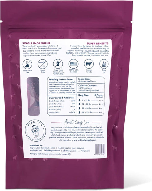 1 lb King Lou Pets - USA-Made Dehydrated Beef Heart Jerky Dog Treats - of Fresh Beef Heart Prior to Dehydration