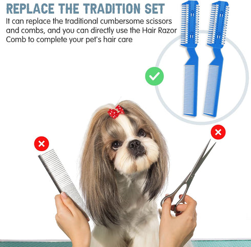 5 Pieces Razor Comb for Dogs, Pet Grooming Trimmer Comb with 25 Extra Blades, Manual Double Edge Razor (Blue)