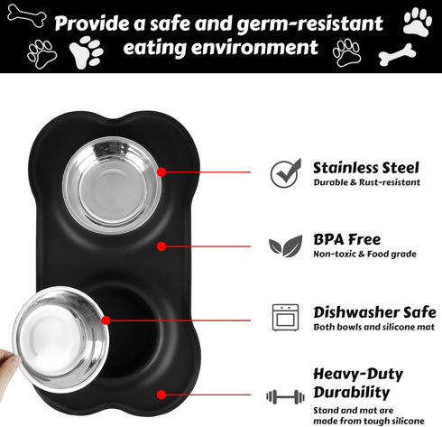 AsFrost Dog Food Bowls - Stainless Steel Pet Bowls with No-Spill and Non-Skid, Black, 12oz