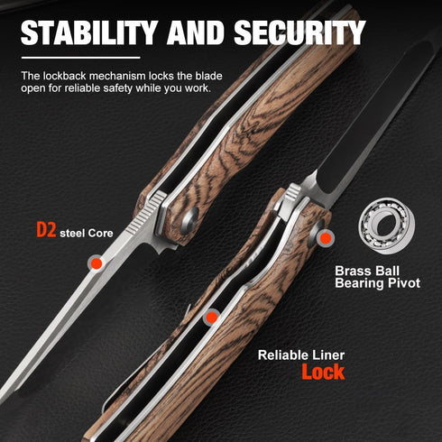 Pocket Folding Knife for Men D2 Steel Hunting Folding Knife with Wood Handle,Fishing Hiking Survival Knife, with Safety Liner Lock and Poket Clip by Cottonbell