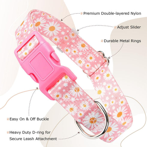 Purple Collar for Dogs, Floral Pattern Design Quick Release Buckle Soft Nylon Adjustable for XS Small Medium Large Dogs
