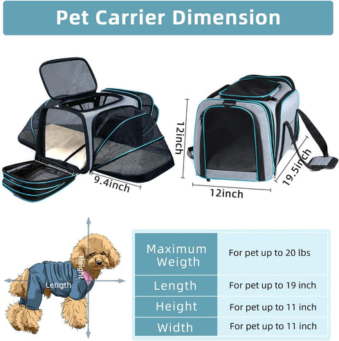 Expandable Pet Carrier - Airline Approved for Small Pets, Removable Pad and Pockets, TSA Compliant